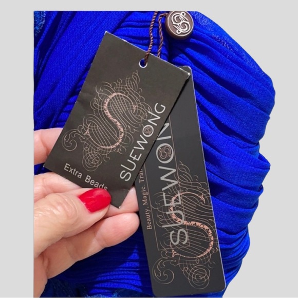 Moving Sale! NWT Sue Wong one shoulder Sapphire beaded; measurements in pix. - Picture 7 of 9